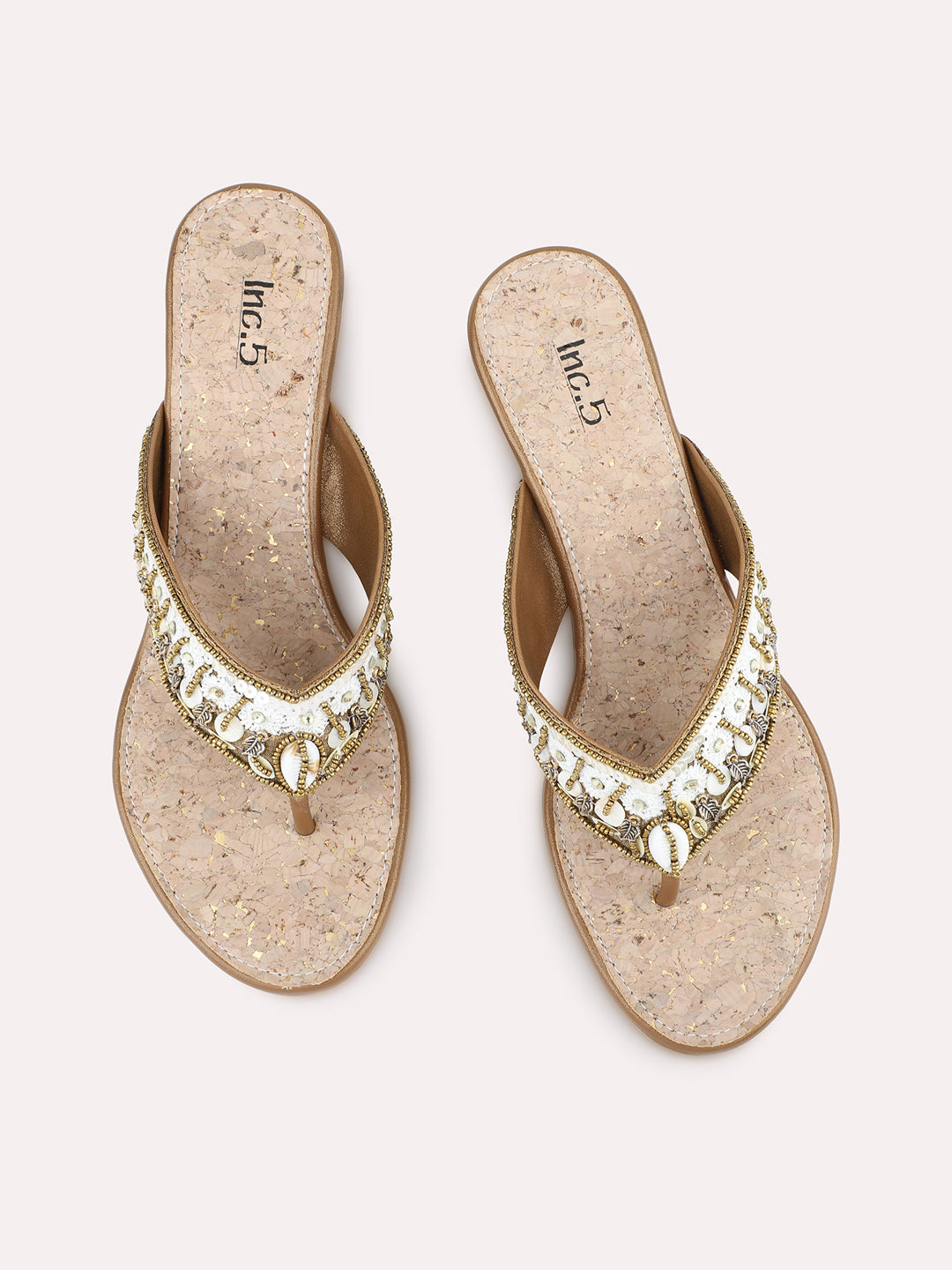 Womens Golden Ethnic Embellished Round Toe Wedges Heel Slip-On