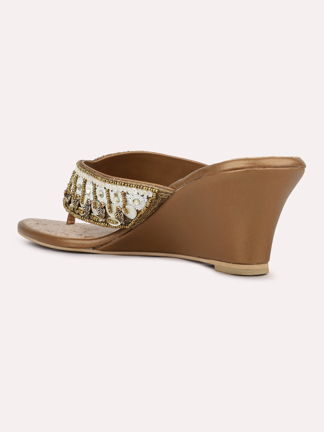 Womens Golden Ethnic Embellished Round Toe Wedges Heel Slip-On