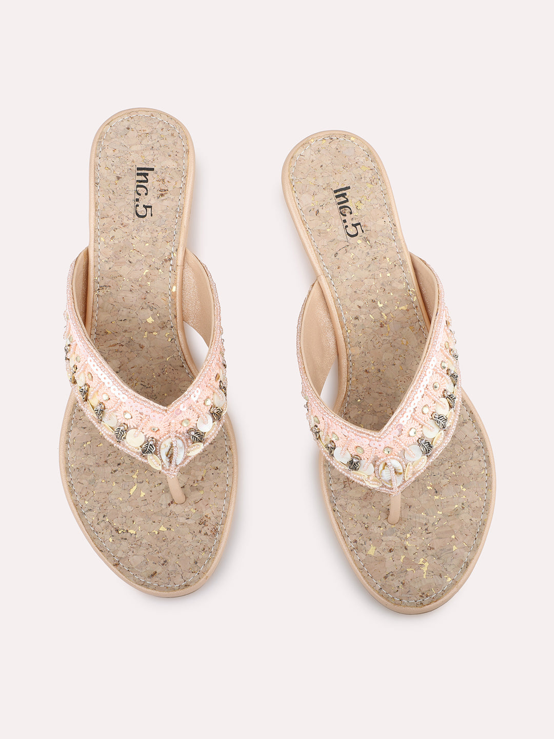 Womens Rose Golden Ethnic Embellished Round Toe Wedges Heel Slip-On