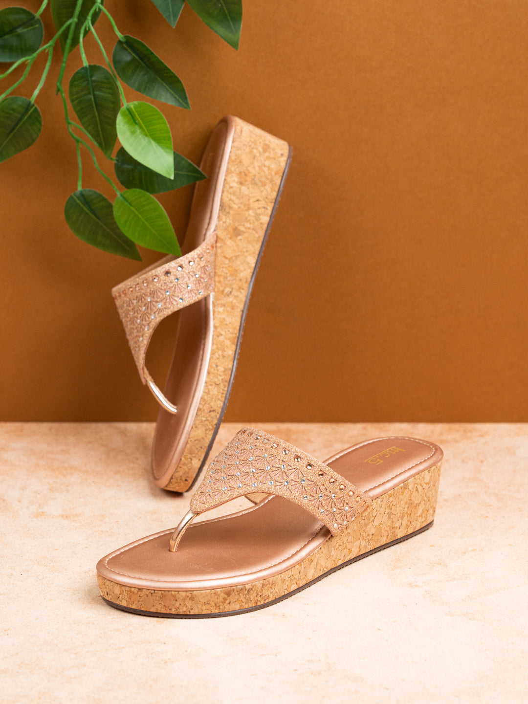 Women Rose Golden Casual T Strap Wedge Heel Sandal