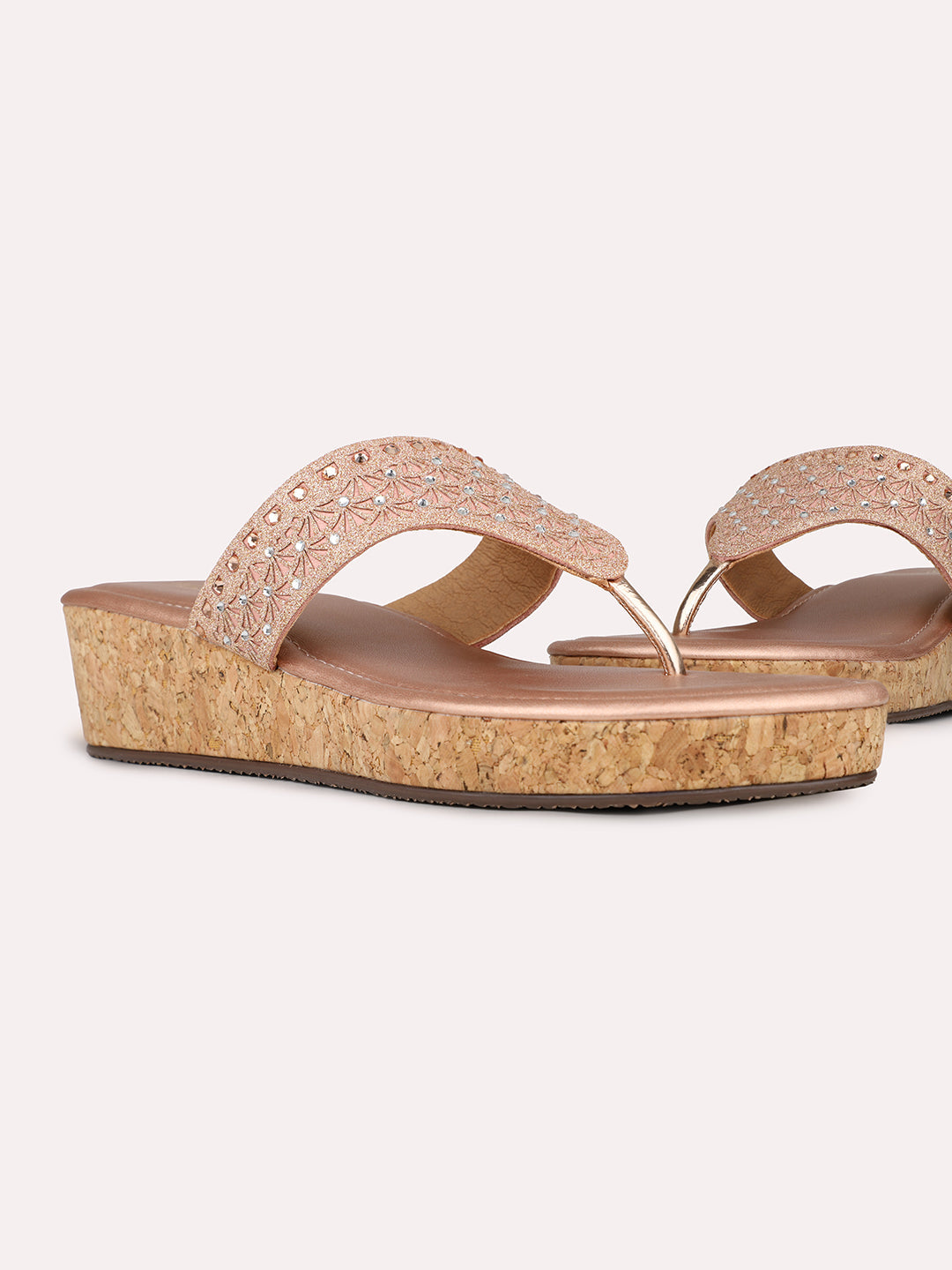 Women Rose Golden Casual T Strap Wedge Heel Sandal