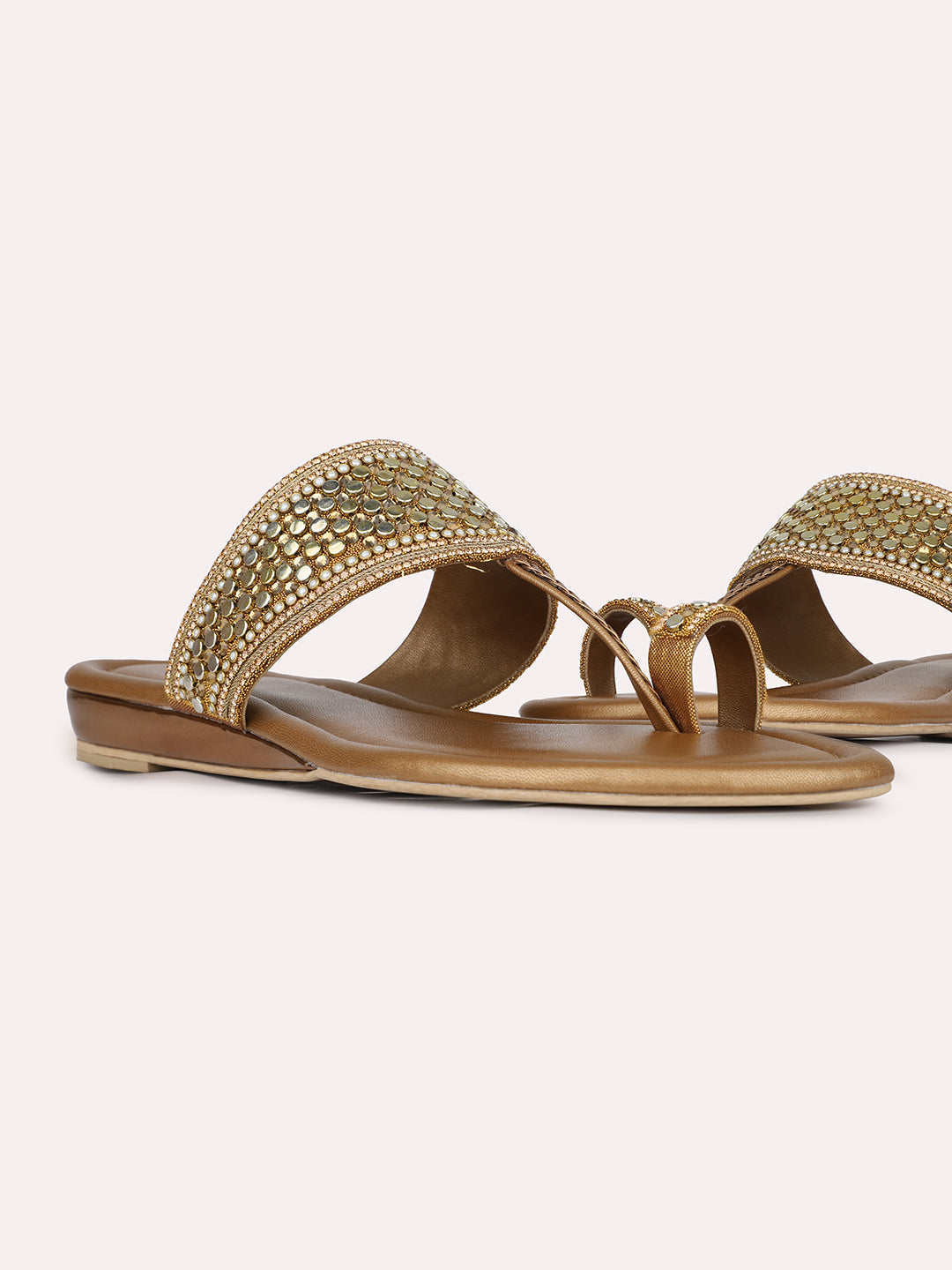 Womens Golden Ethnic Embellished One Toe Flat Slip-On Sandals