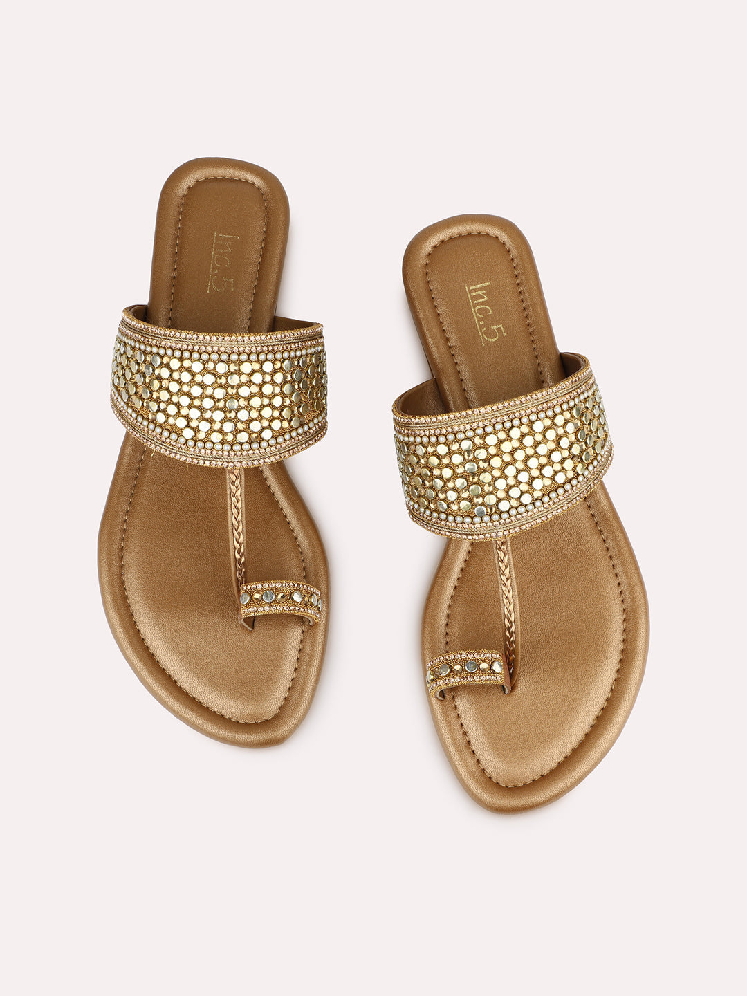Womens Golden Ethnic Embellished One Toe Flats