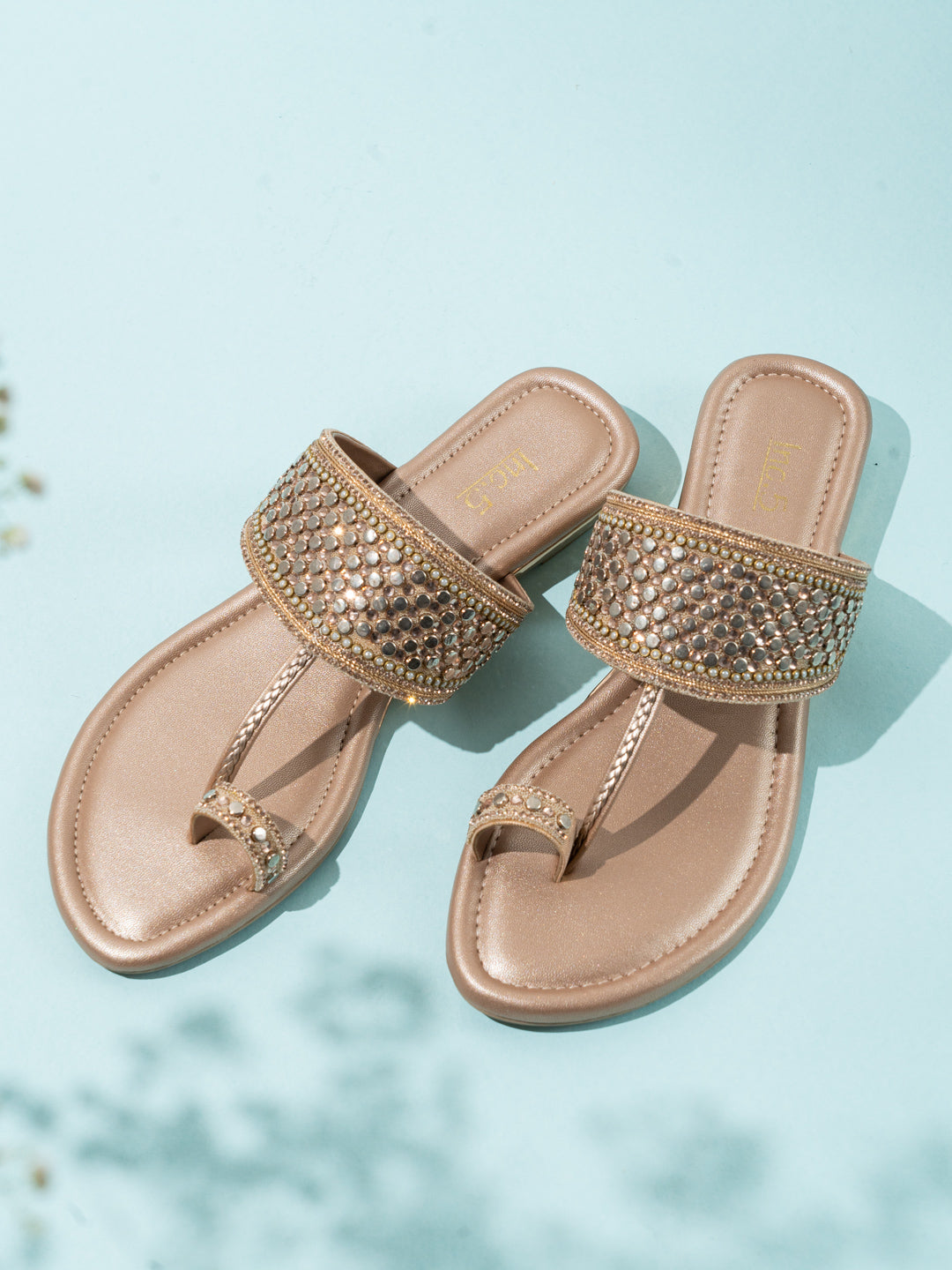Womens Rose Gold Ethnic Embellished One Toe Flat Slip-On Sandals