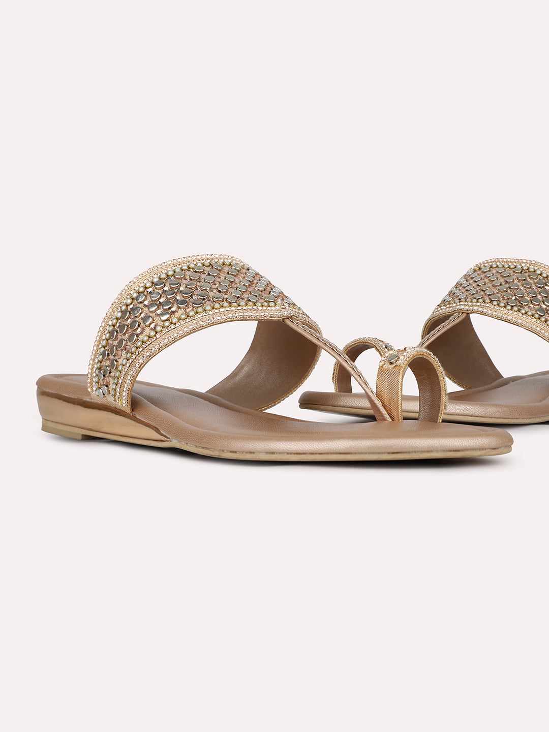 Womens Rose Gold Ethnic Embellished One Toe Flat Slip-On Sandals