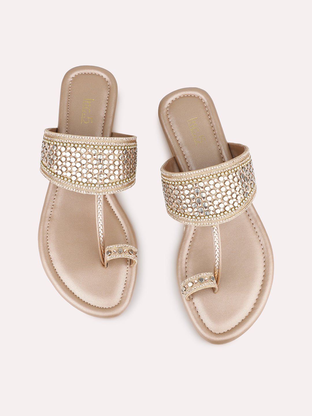 Womens Rose Gold Ethnic Embellished One Toe Flat Slip-On Sandals