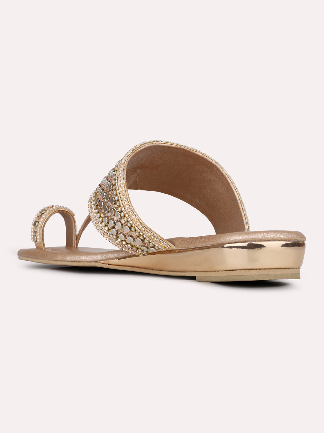 Womens Rose Gold Ethnic Embellished One Toe Flat Slip-On Sandals