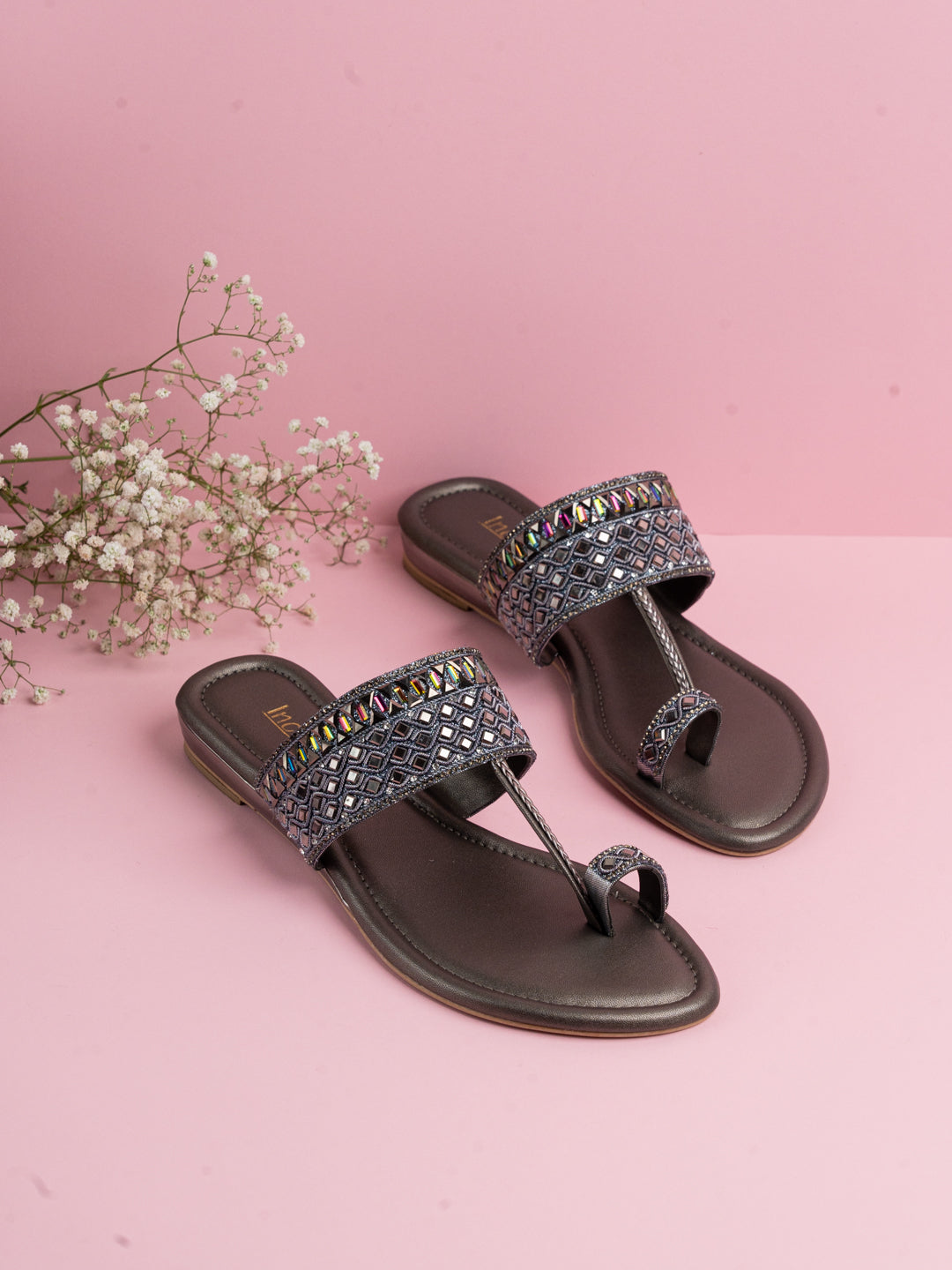 Women Pewter Casual One Toe Flat Sandal