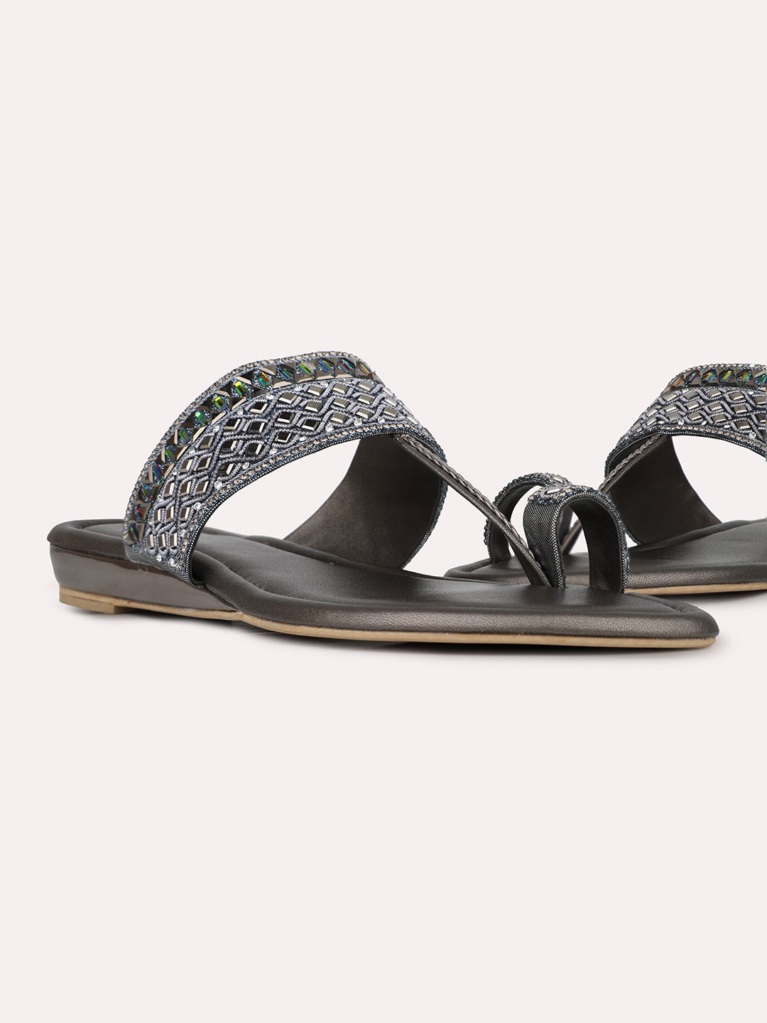 Women Pewter Casual One Toe Flat Sandal