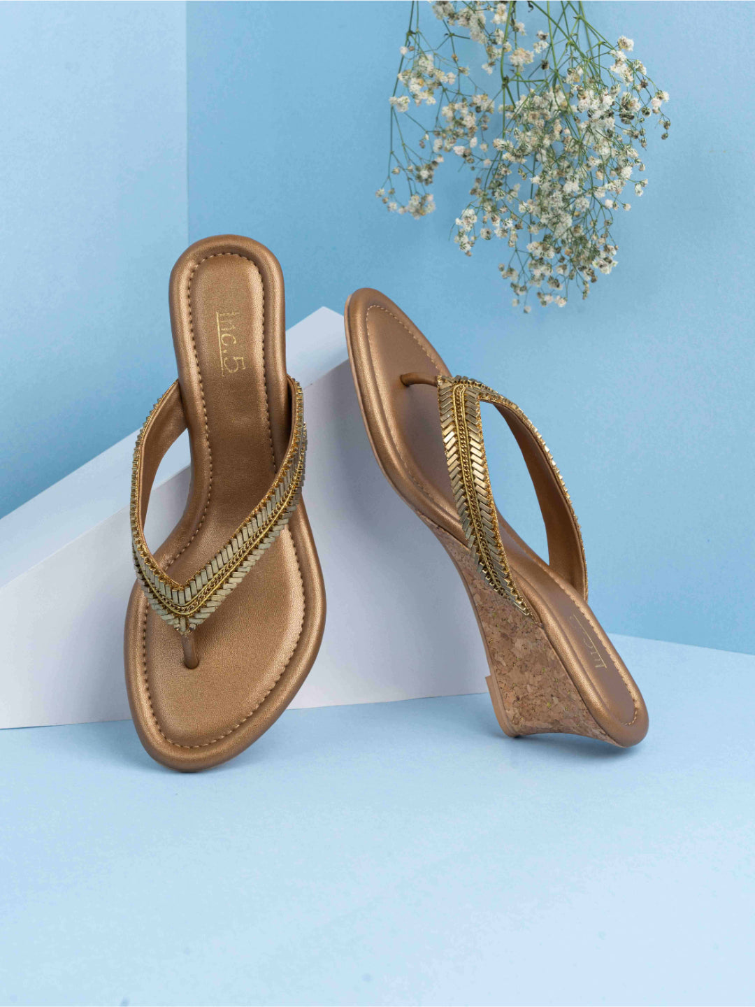 Womens Golden Ethnic Solid Round Toe Wedges Heel Slip-On