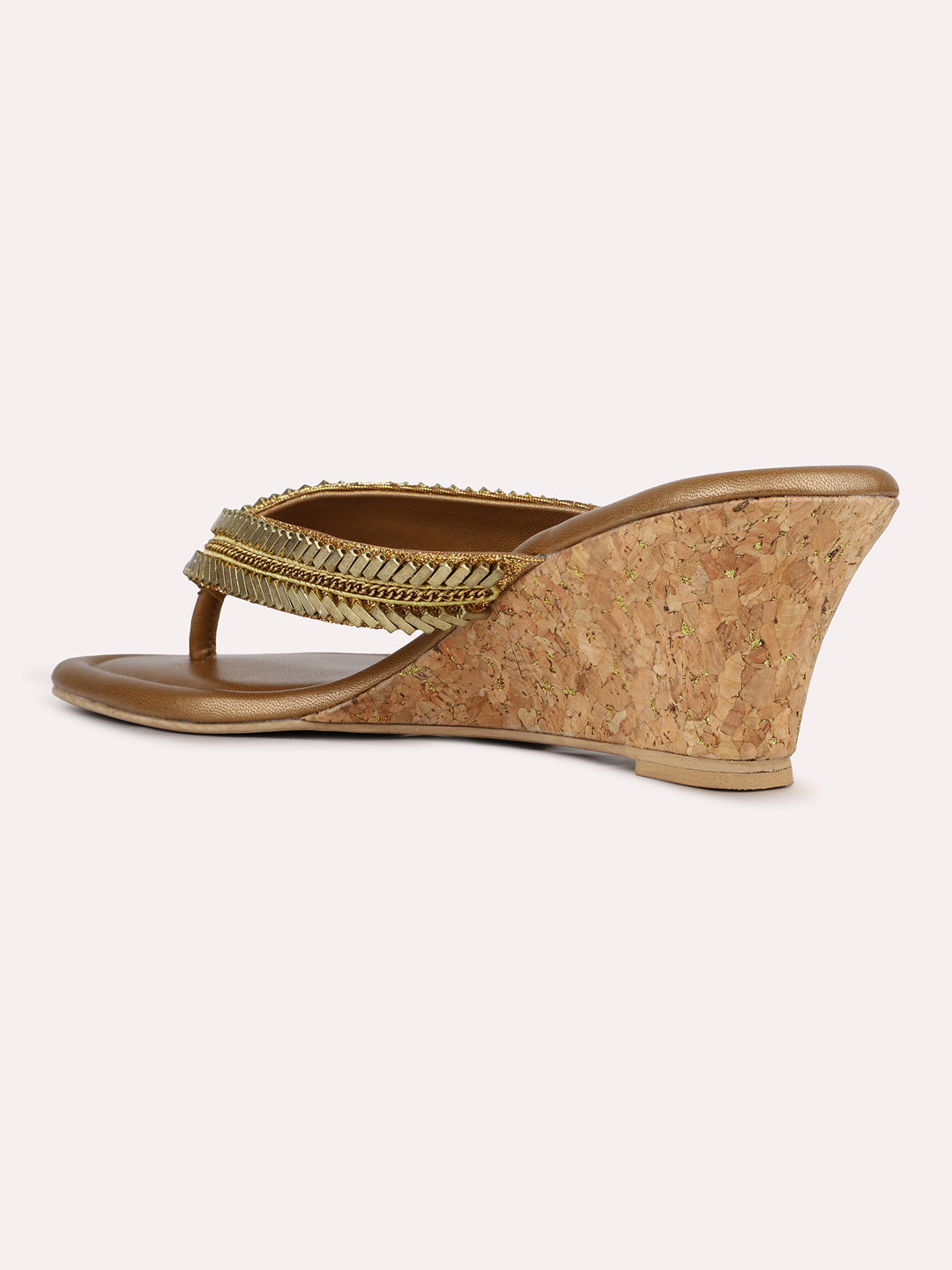 Womens Golden Ethnic Solid Round Toe Wedges Heel Slip-On