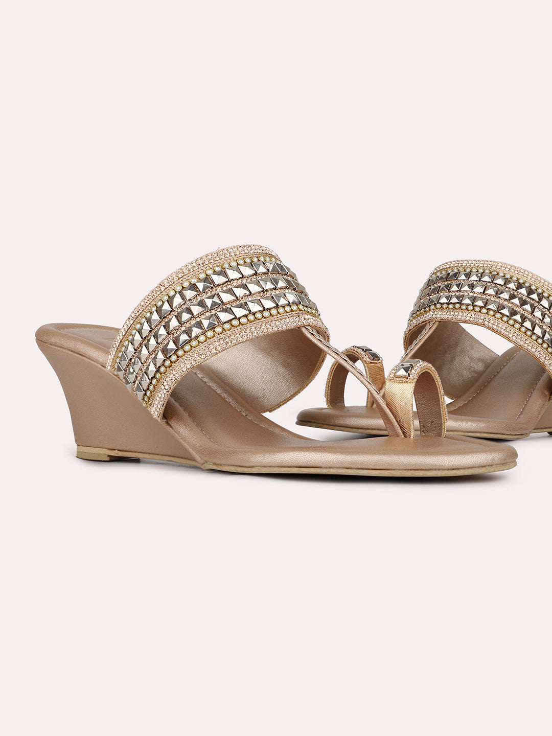 Women Rose Golden Casual One Toe Wedge Heel Sandal