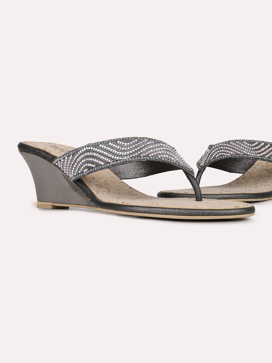 Women Pewter Casual T Strap Wedge Heel Sandal