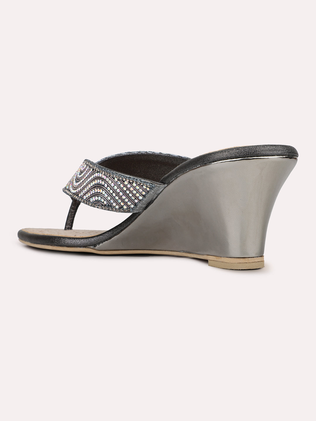 Women Pewter Casual T Strap Wedge Heel Sandal