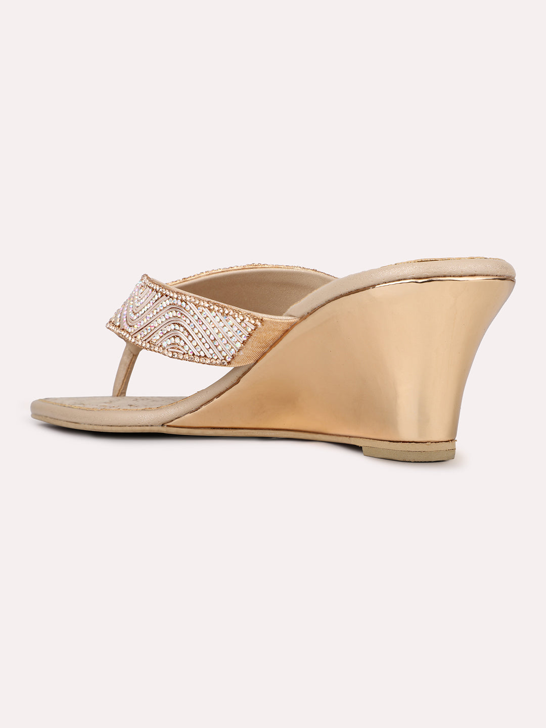 Women Rose Golden Casual T Strap Wedge Heel Sandal