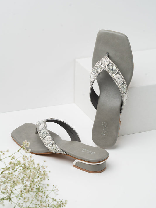 Women Silver Casual T Strap Block Heel Sandal