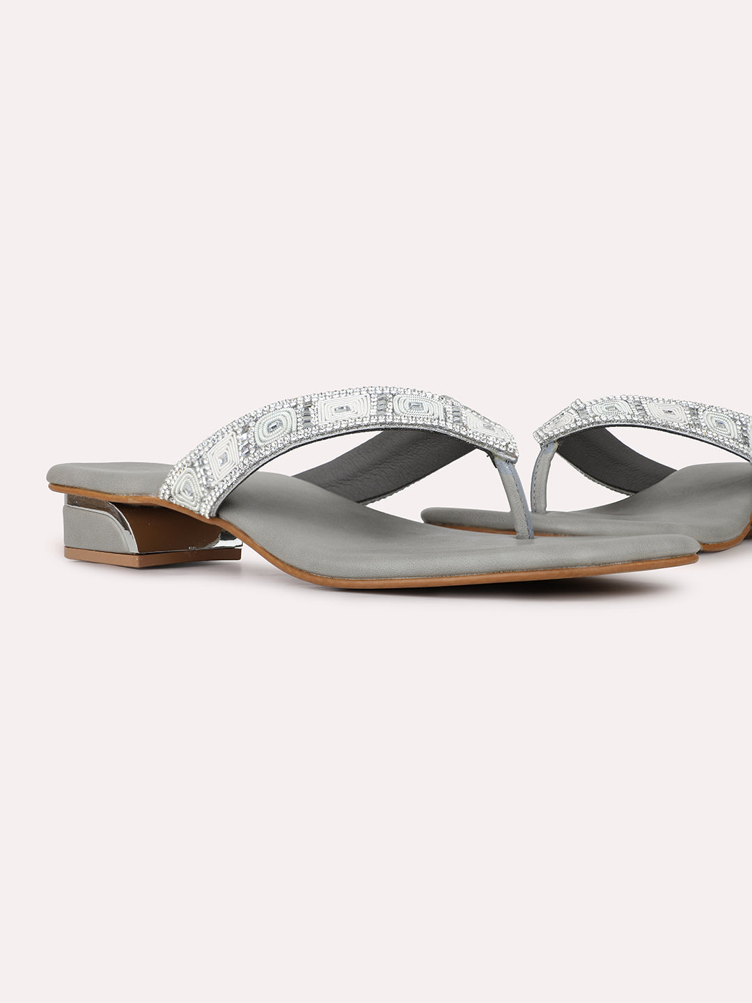 Women Silver Casual T Strap Block Heel Sandal