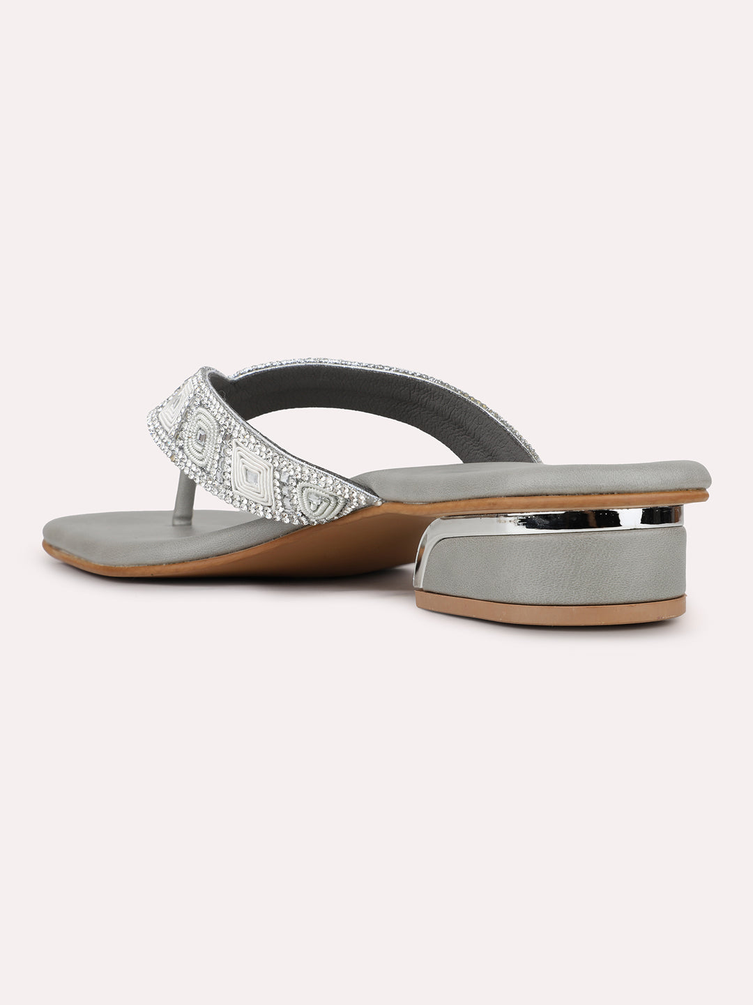 Women Silver Casual T Strap Block Heel Sandal