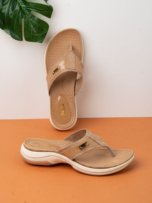 Women Beige Casual T Strap Flat Sandal