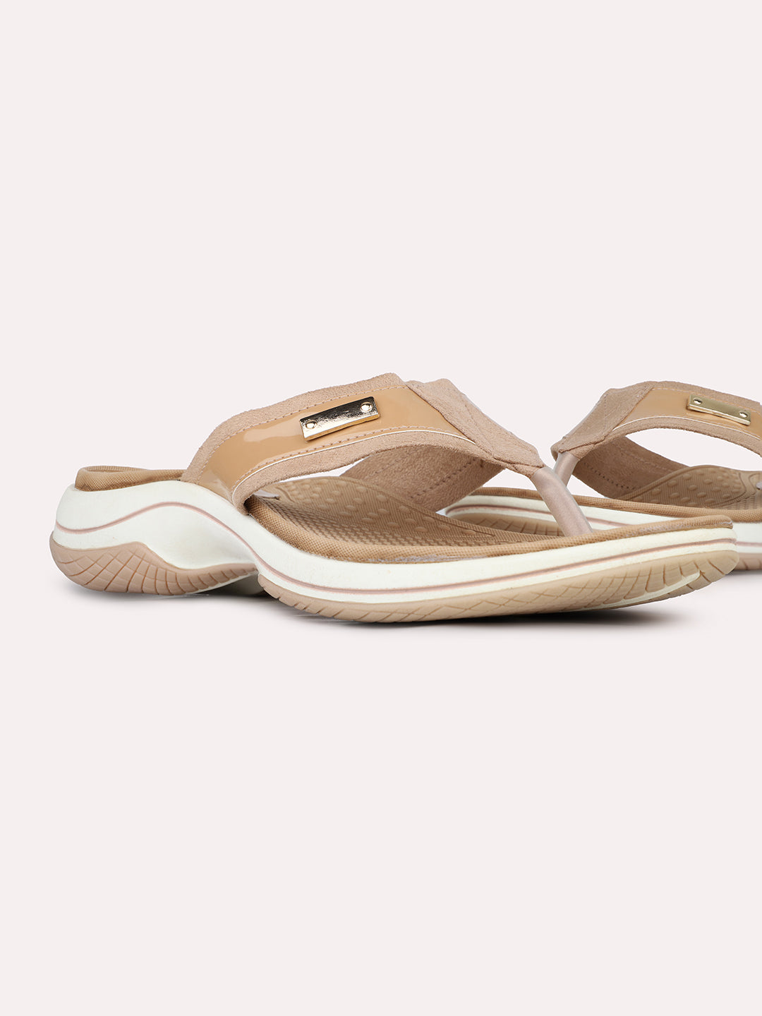 Women Beige Casual T Strap Flat Sandal