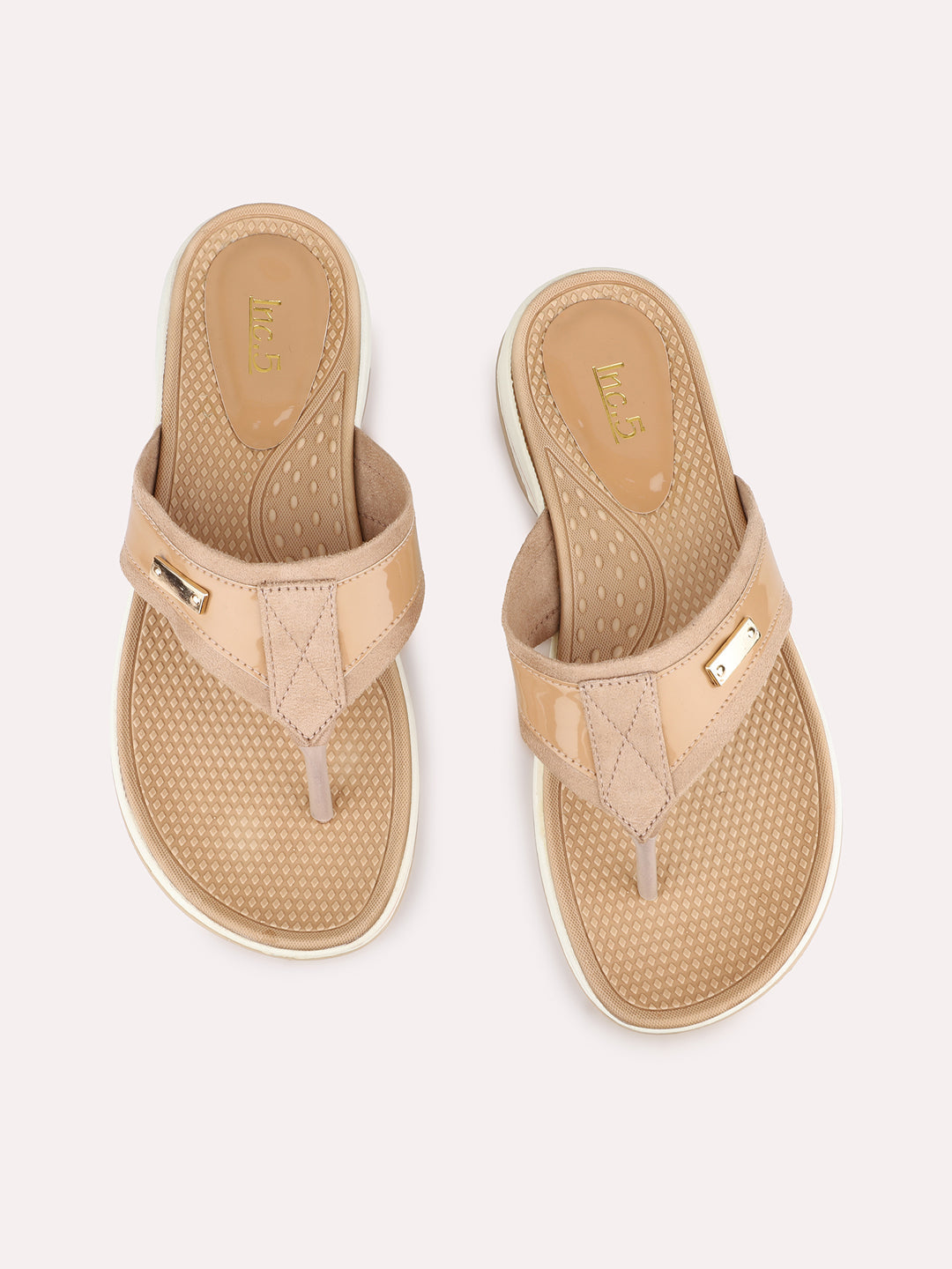 Women Beige Casual T Strap Flat Sandal