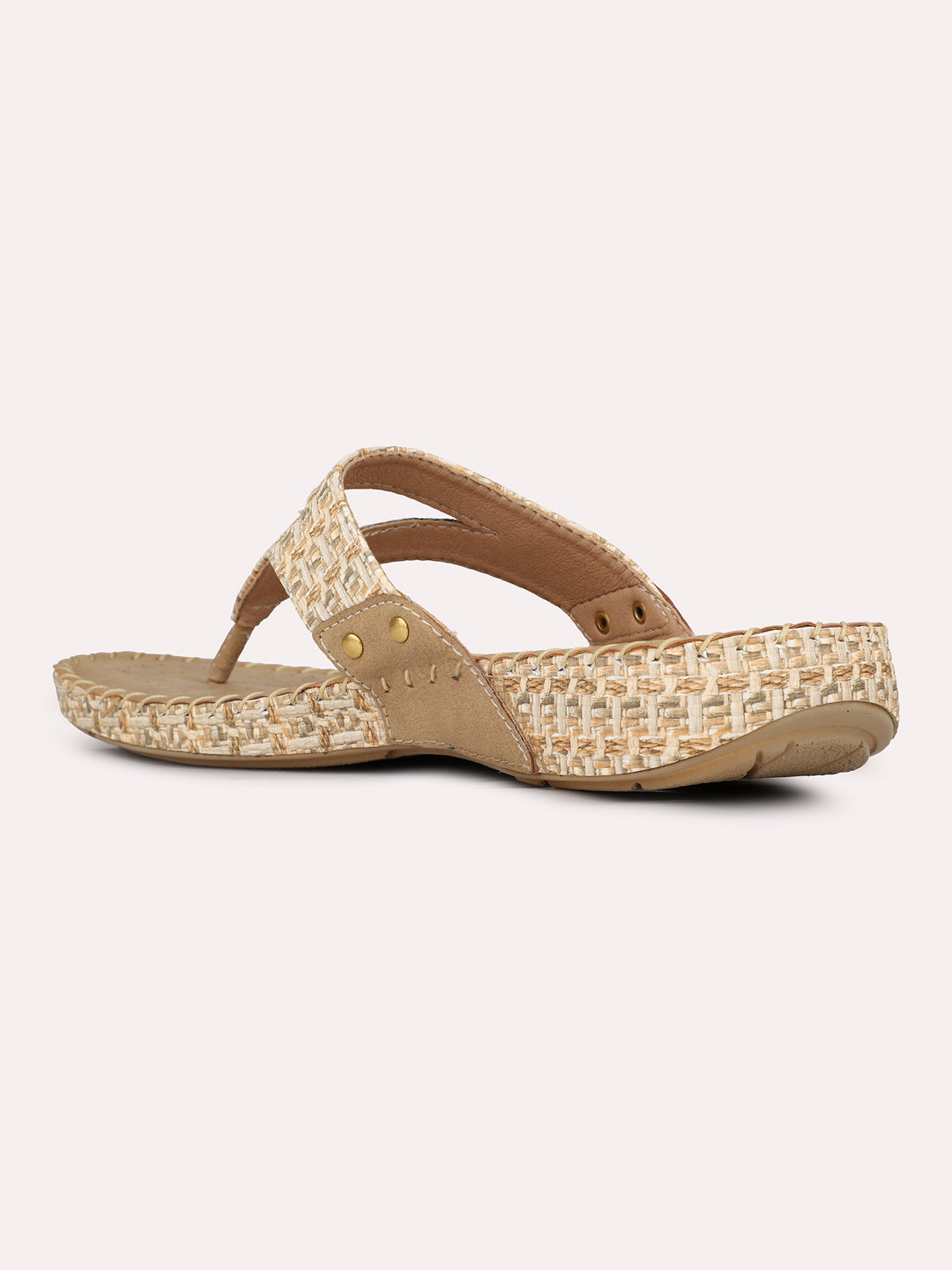 Women Beige Casual T Strap Flat Sandal