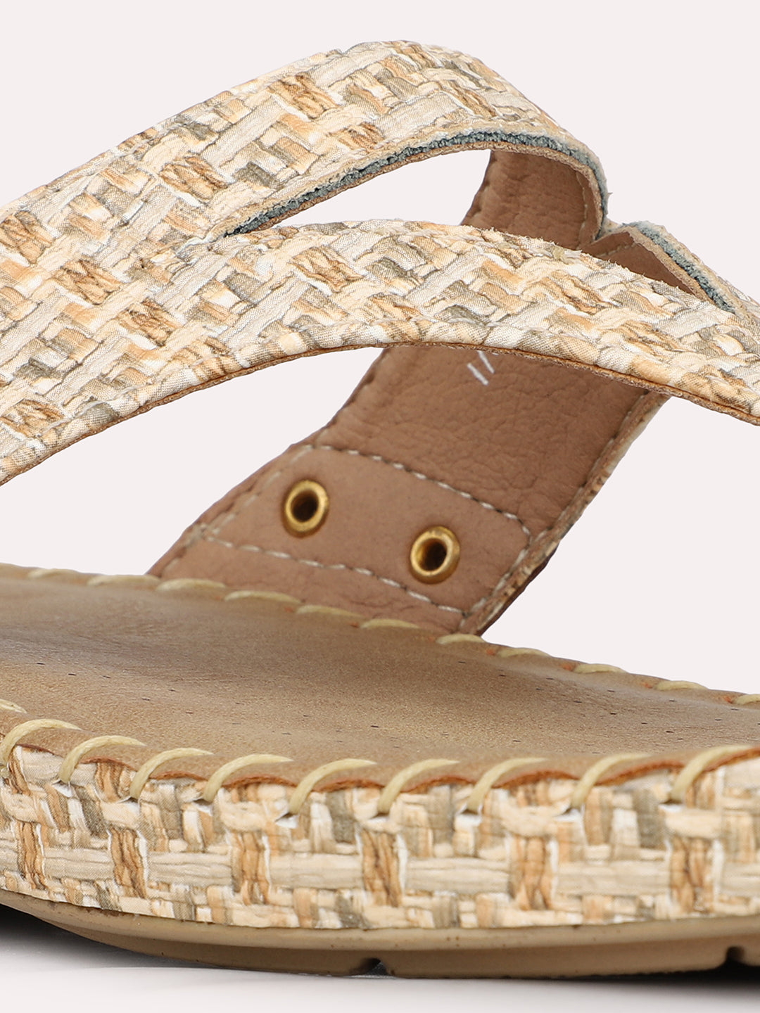 Women Beige Casual T Strap Flat Sandal