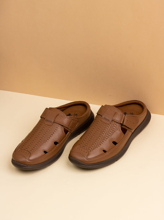 Mens Tan Solid Round Toe Casual Sandals