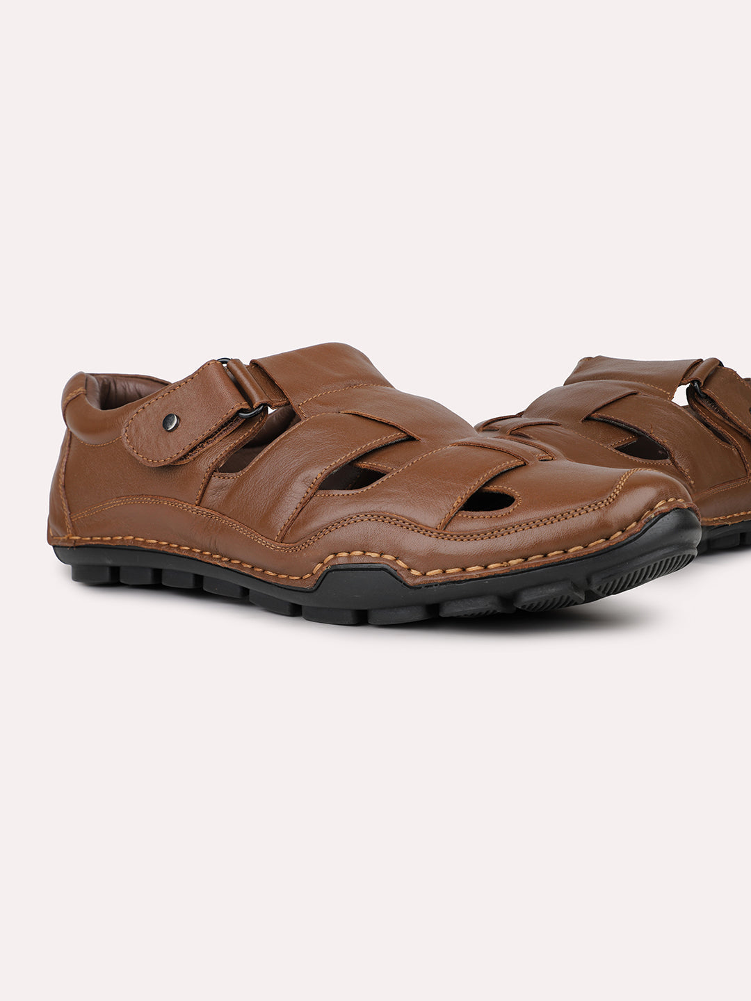 Mens Tan Solid Round Toe Casual Sandals