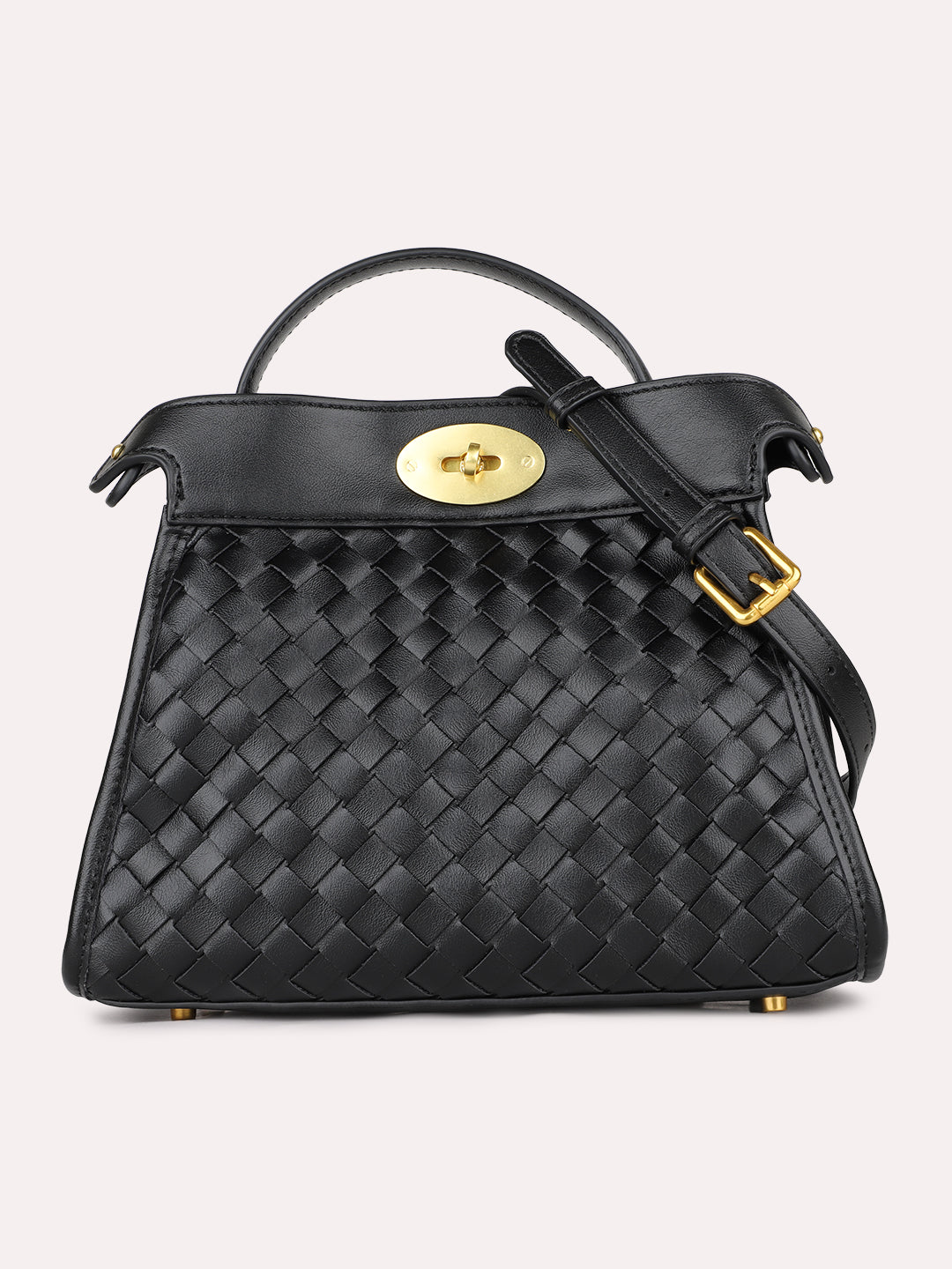 Women Black Casual Textured Handbag With Twist Lock