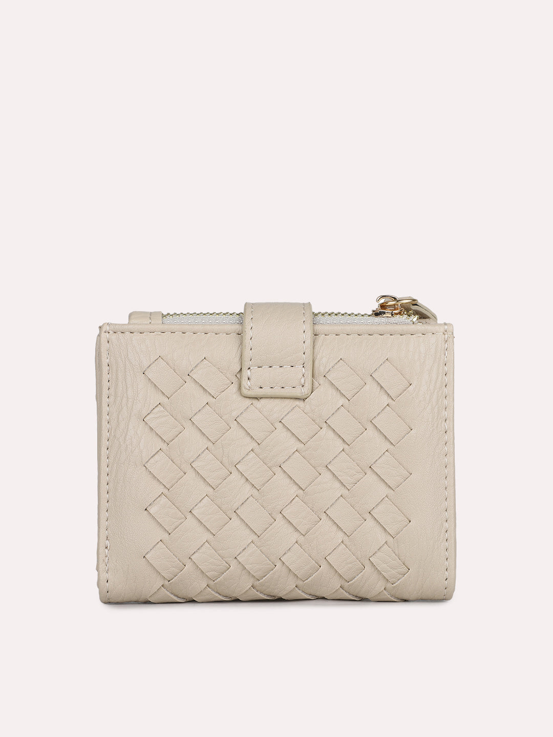 Women Casual Beige Textured Wallet With Push Lock