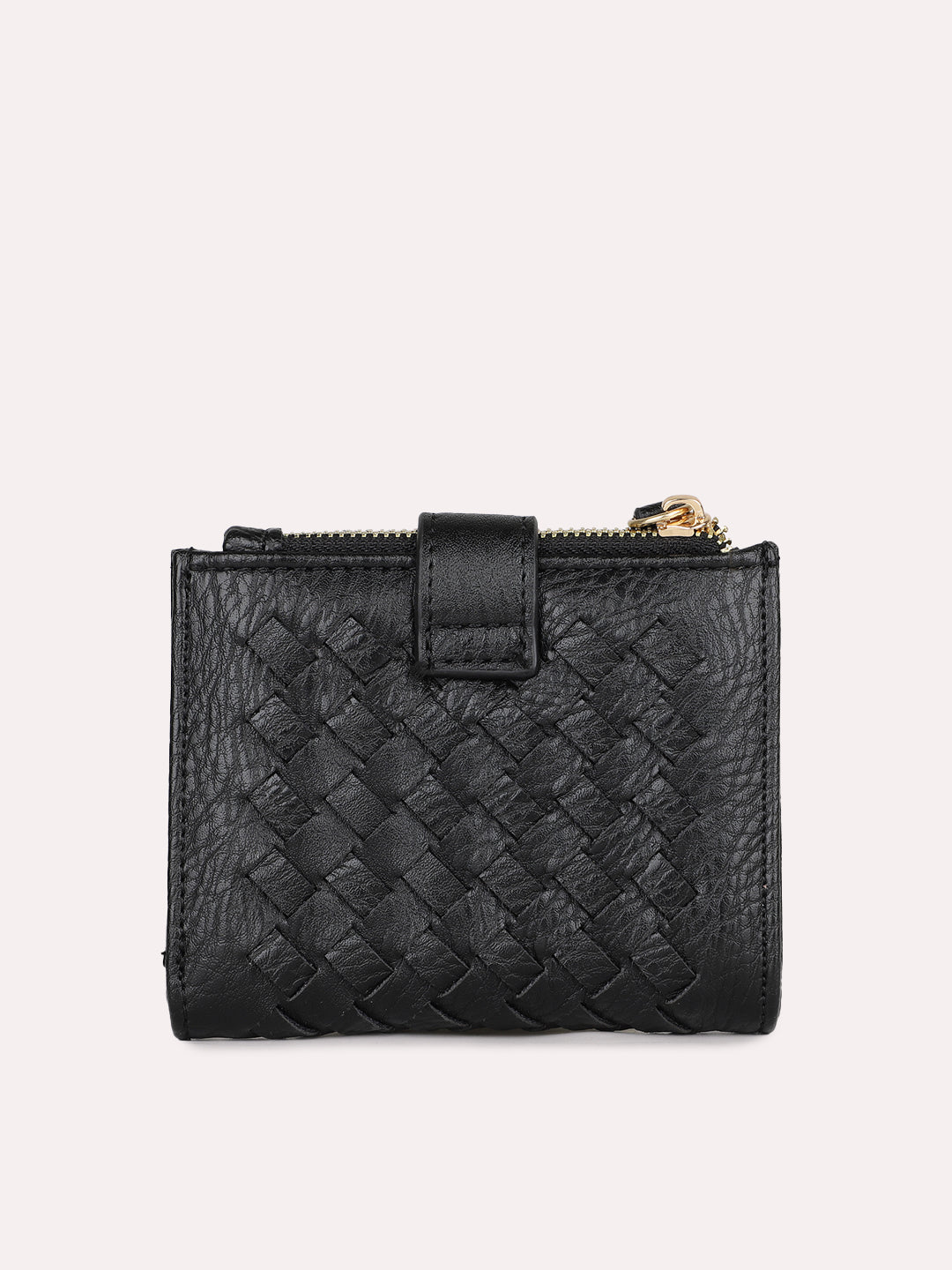 Women Casual Black Textured Wallet With Push Lock