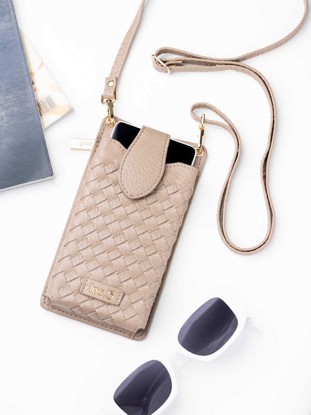 Women Casual Beige Textured Phone Sling Bag With Zipper
