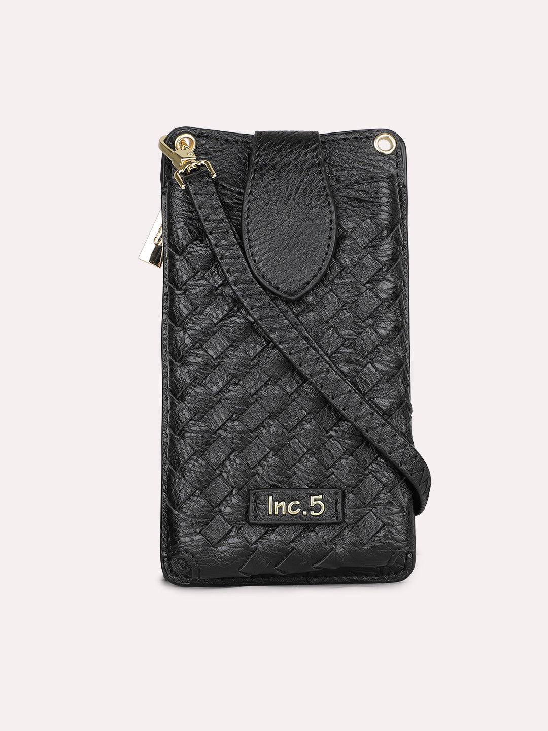 Women Casual Black Textured Phone Sling Bag With Zipper