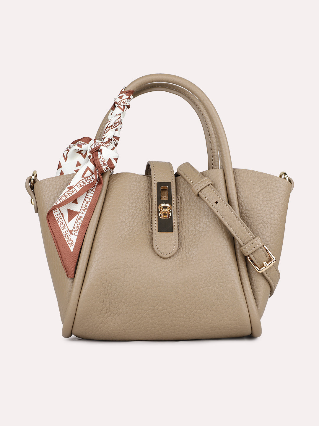 Women Casual Beige Textured Handbag With Twist Lock