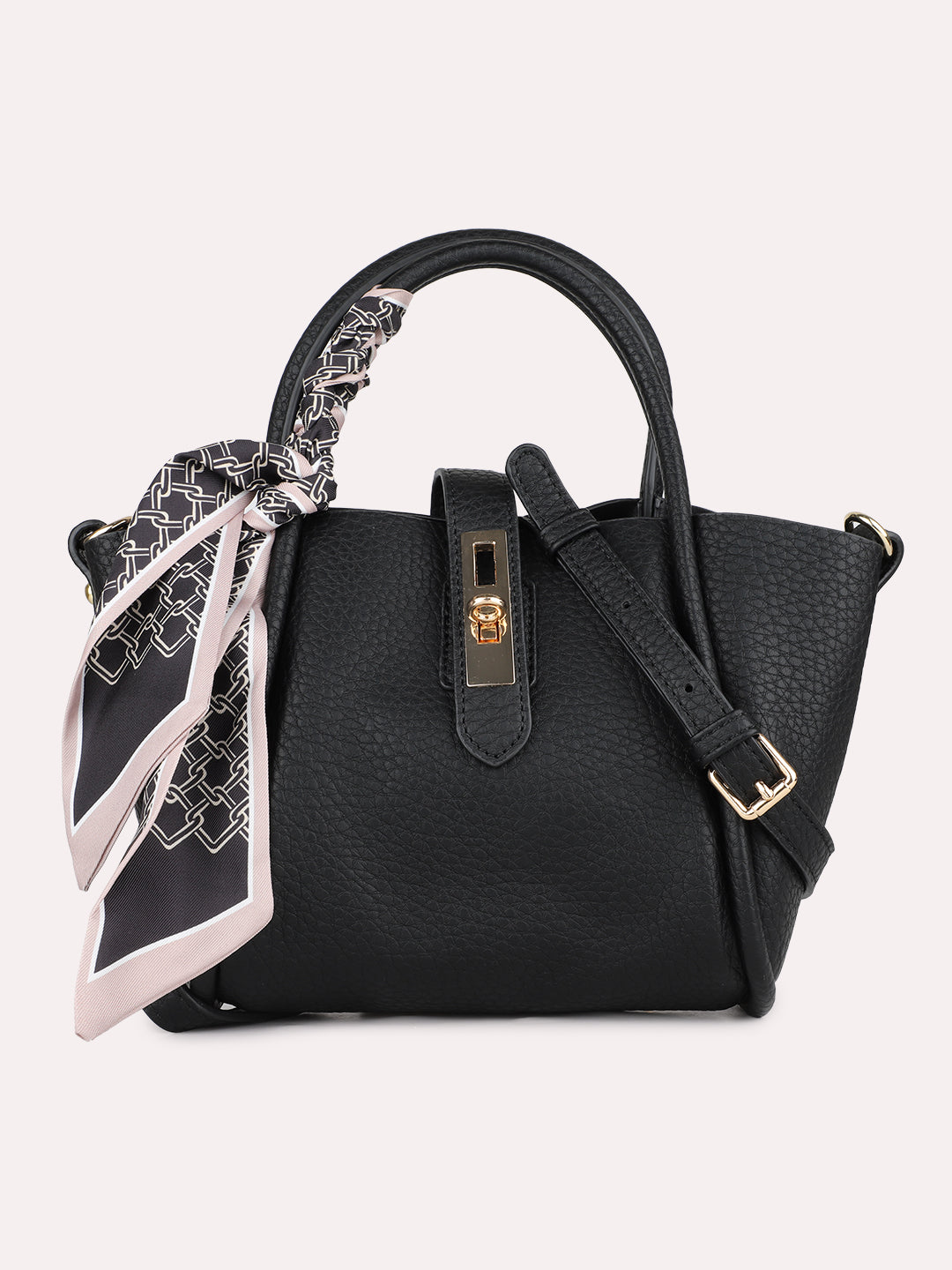 Women Casual Black Textured Handbag With Twist Lock