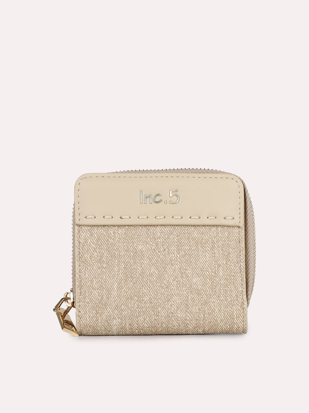 Women Casual Beige Textured Bi-Folds With Zipper