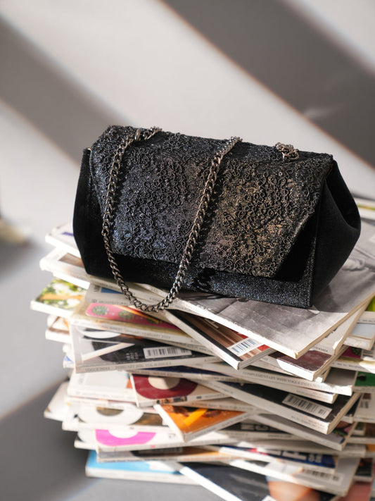 Women Ethnic Black Embellished Sling Bag With Magnet Lock