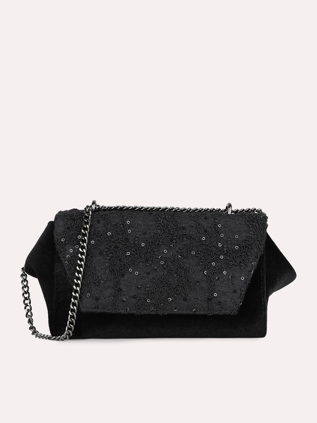 Women Ethnic Black Embellished Sling Bag With Magnet Lock
