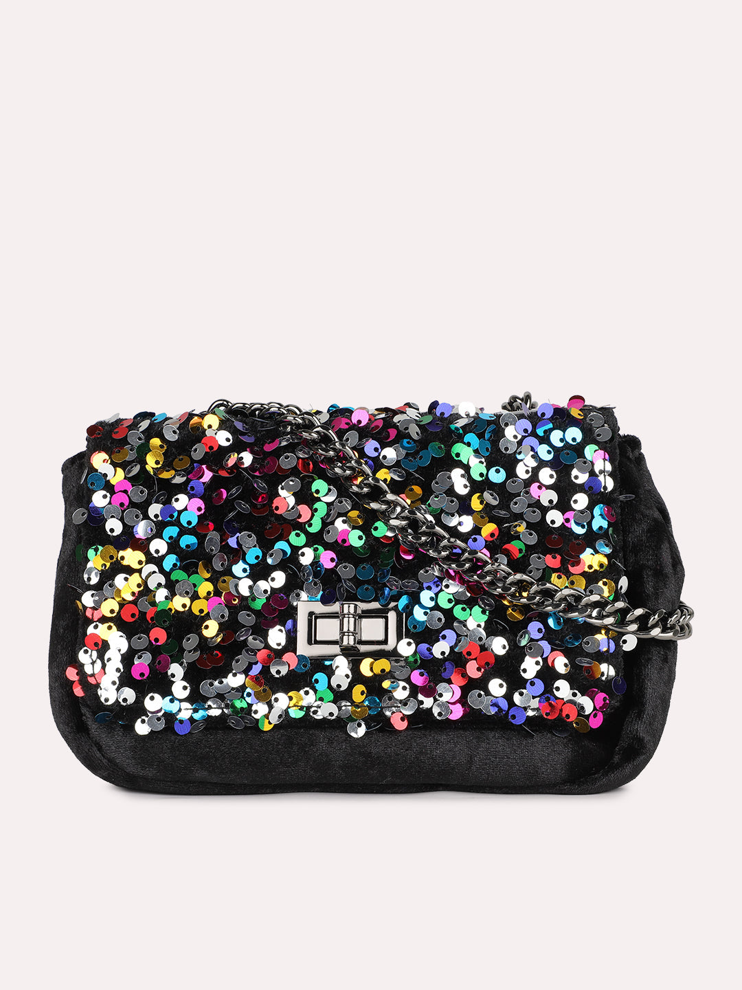 Women Ethnic Black Embellished Sling Bag With Twist Lock