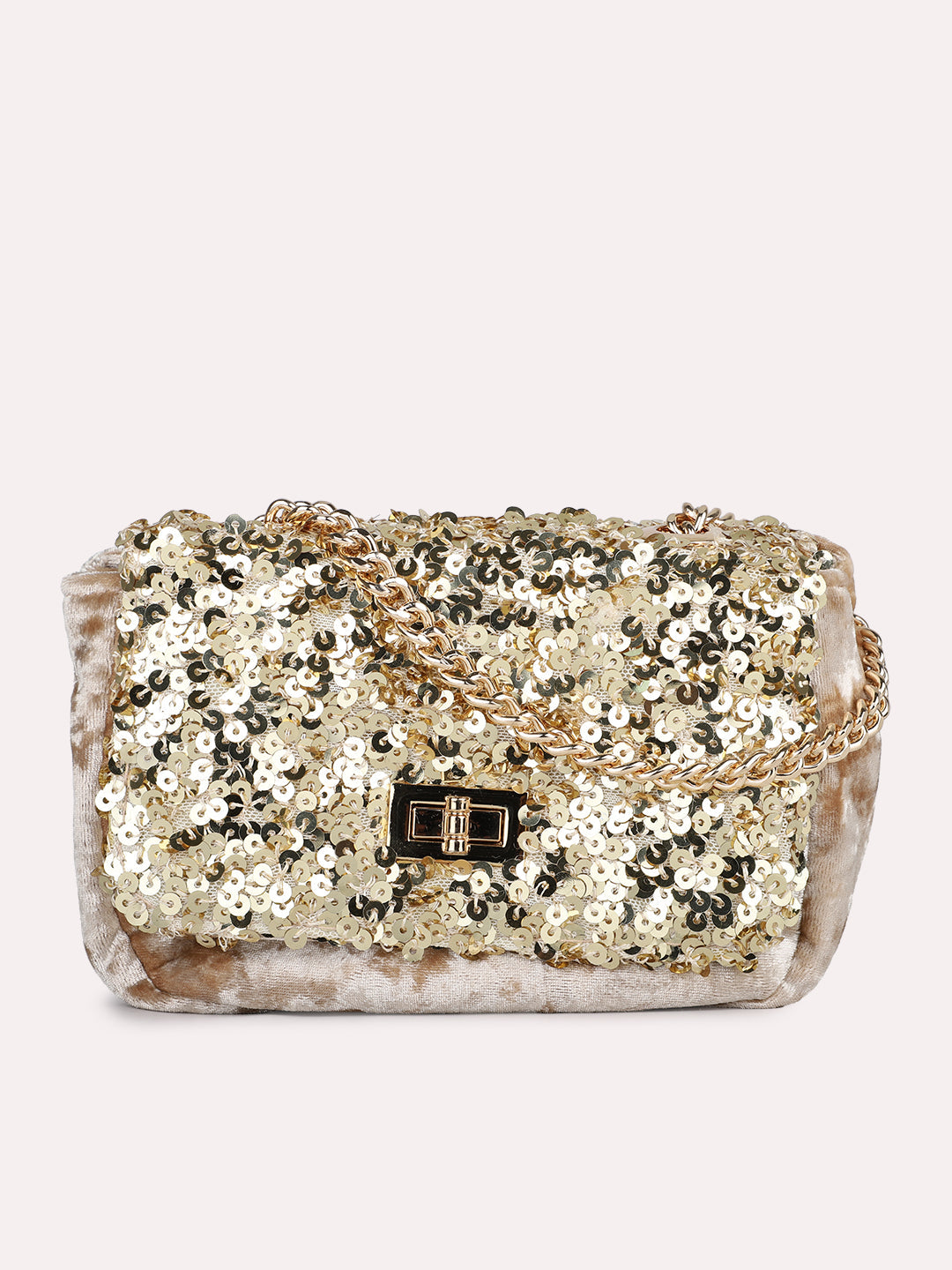 Women Ethnic Gold Embellished Sling Bag With Twist Lock