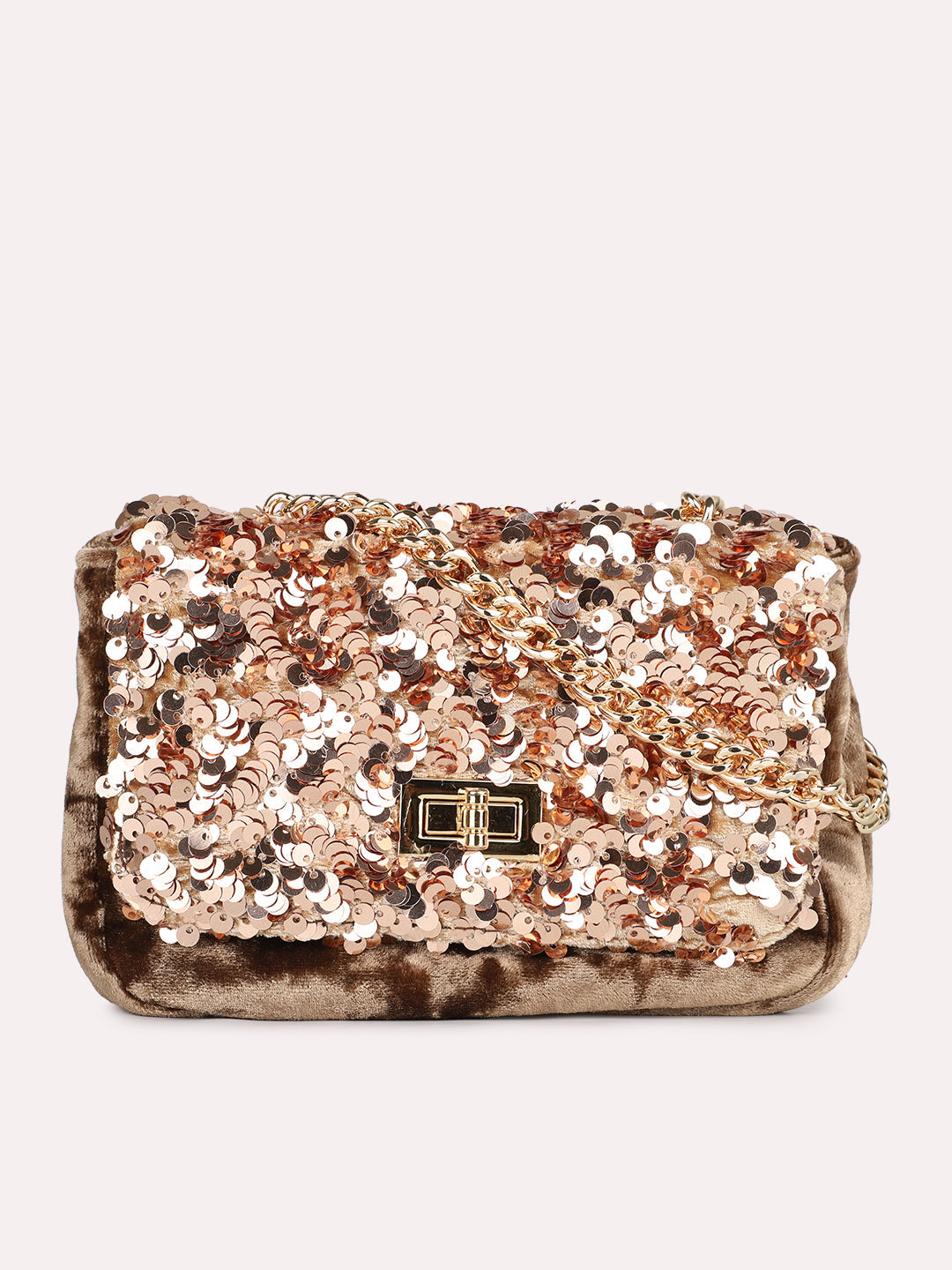 Women Ethnic Rose Gold Embellished Sling Bag With Twist Lock