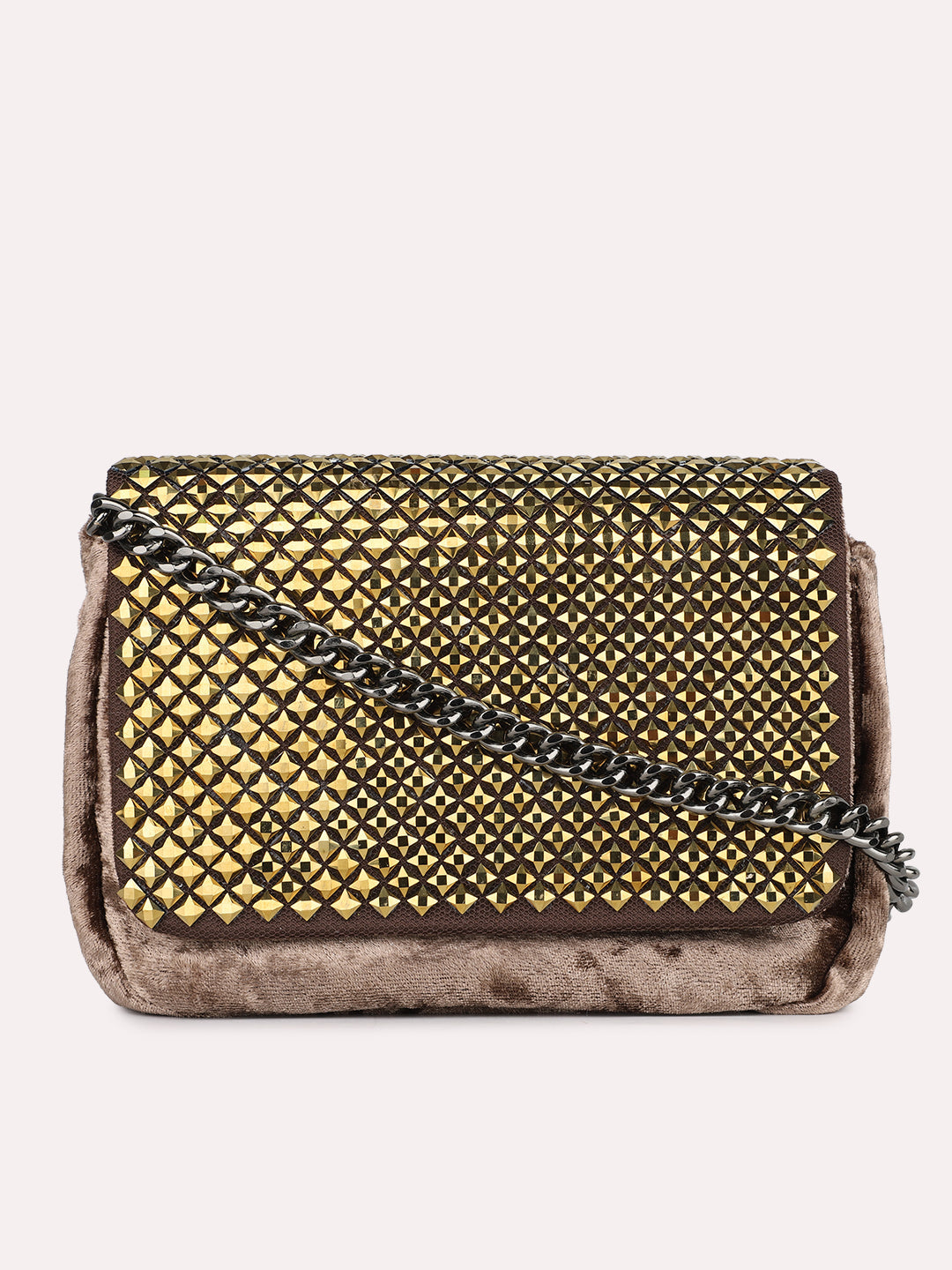 Women Ethnic Bronze Embellished Sling Bag With Magnet Lock