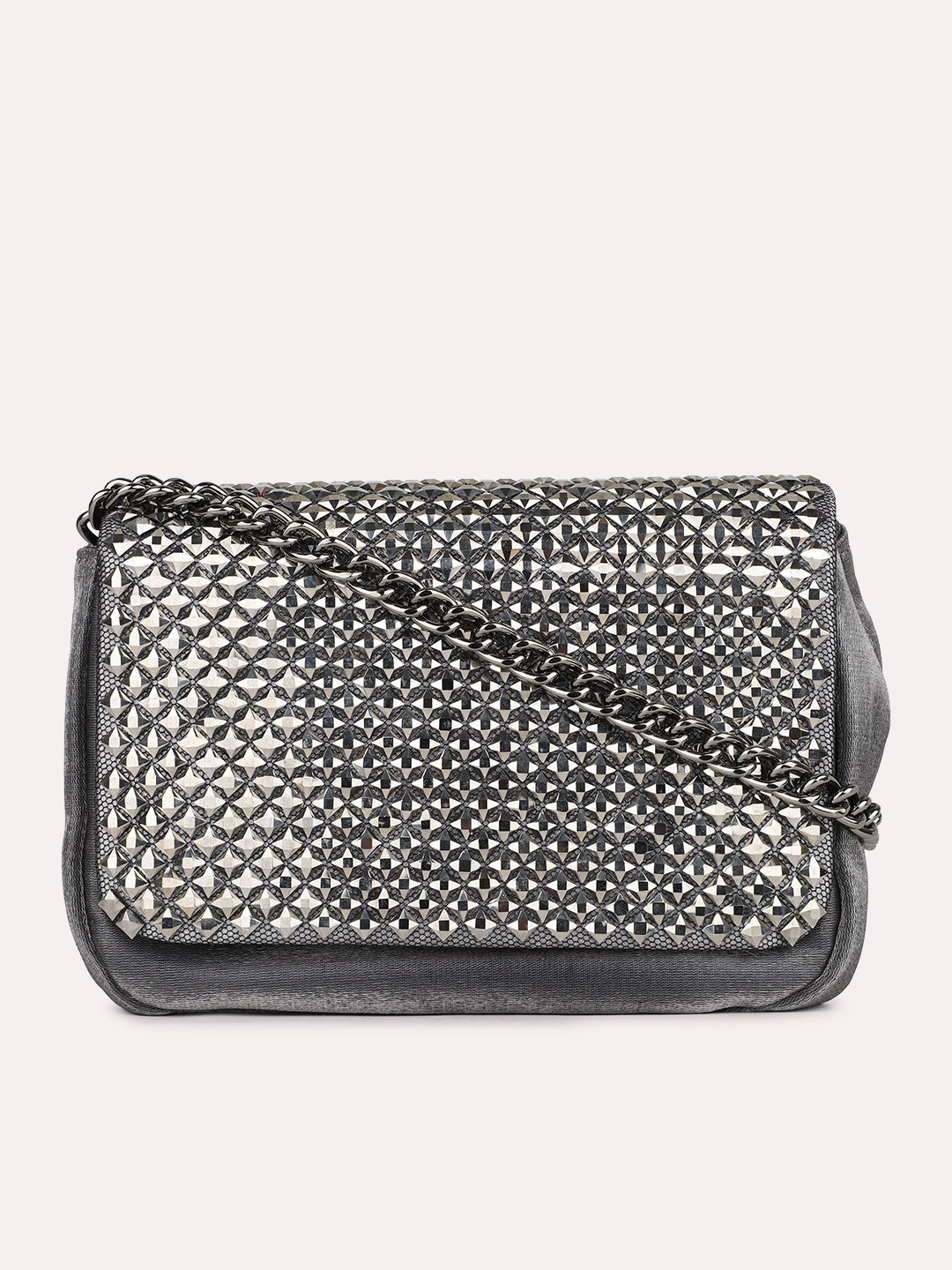 Women Grey Embellished Sling bag With Magnet Lock