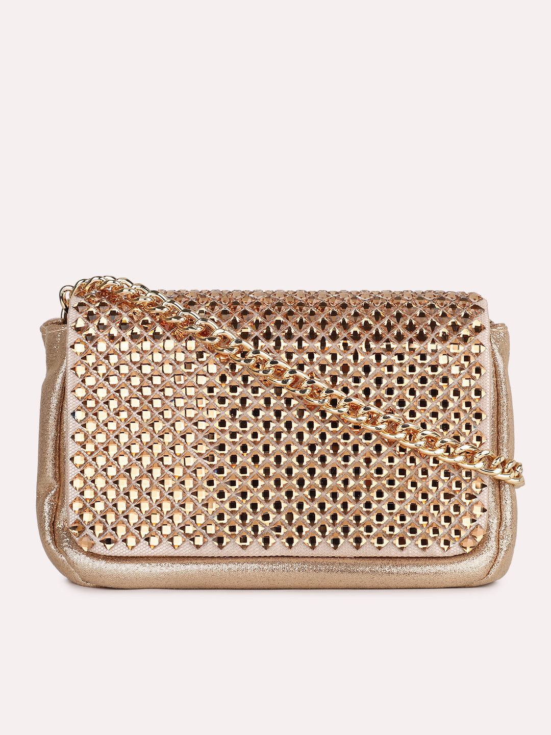 Women Rose Gold Embellished Sling Bag With Magnet Lock