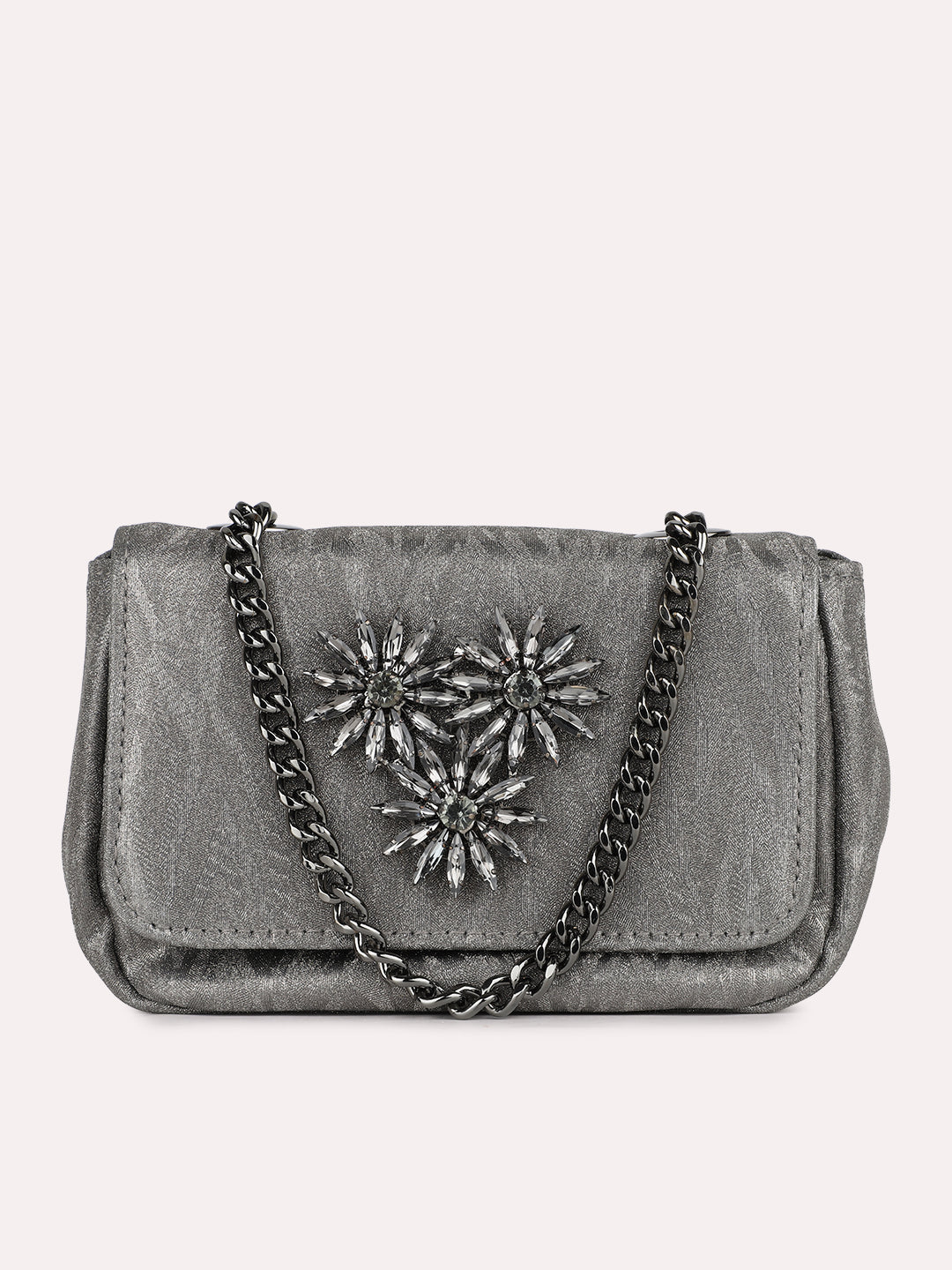 Women Ethnic Grey Embellished Sling Bag With Magnet Button Lock