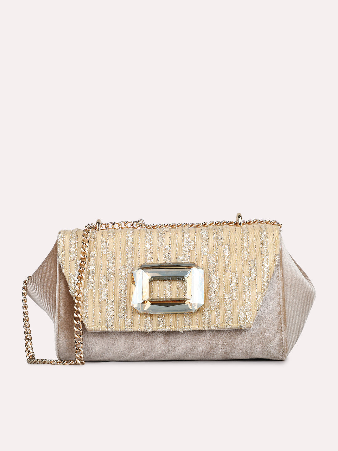 Women Ethnic Gold Embellished Sling Bag With Magnet Lock