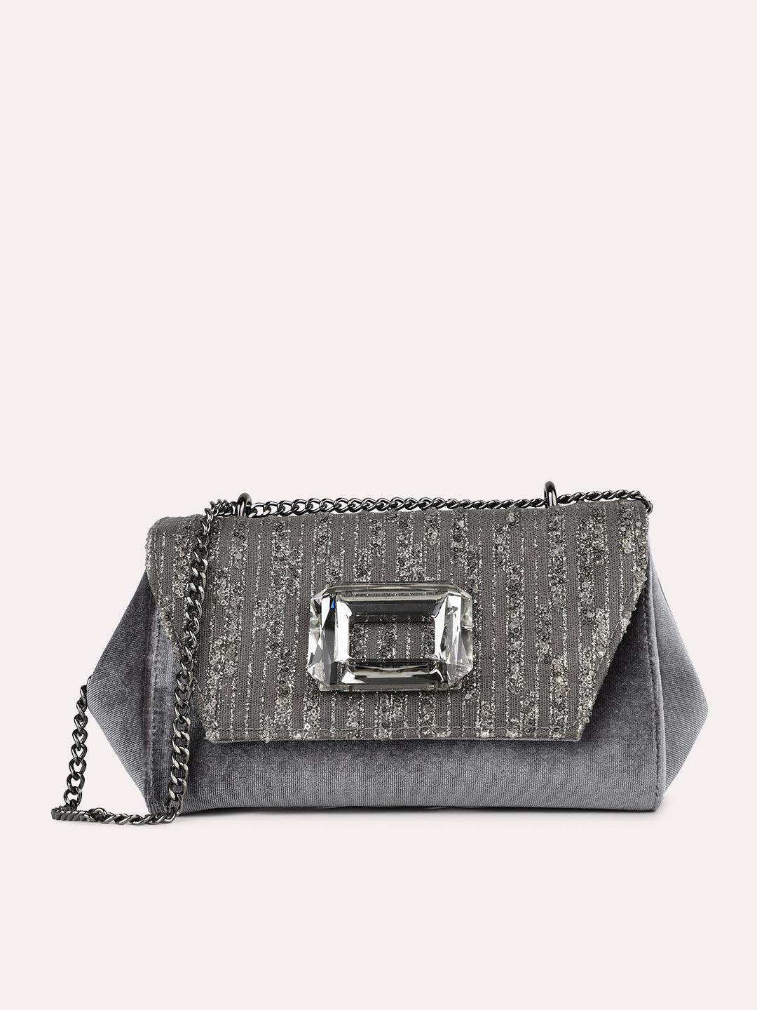 Women Ethnic Grey Embellished Sling Bag With Magnet Lock