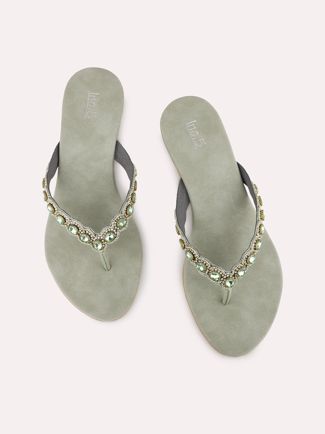 Womens Green Party Wear Embellished Round Toe Block Heel Sandals