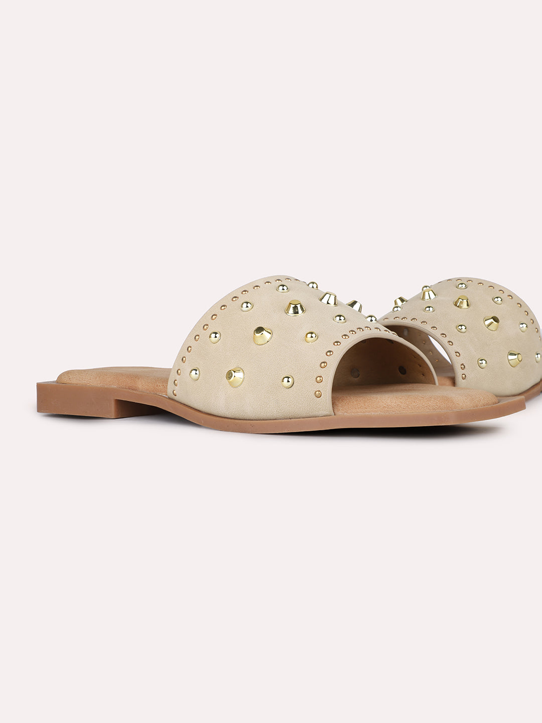 Womens Beige Ethnic Embellished Open Toe Flat Slip-On Sandals